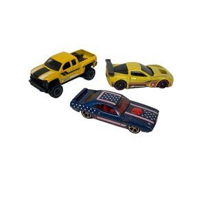 Set Of 3 Die-Cast‎ Toy Cars: Yellow Truck Yellow Sports Car & American Flag Car
